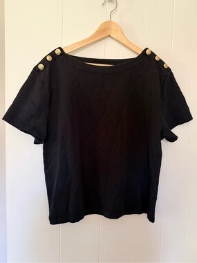 J. Crew Black Short-Sleeve Top with Gold Shoulder Buttons